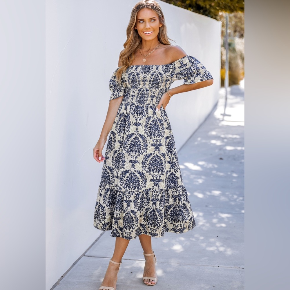 Moss and Navy Smocked Midi Dress